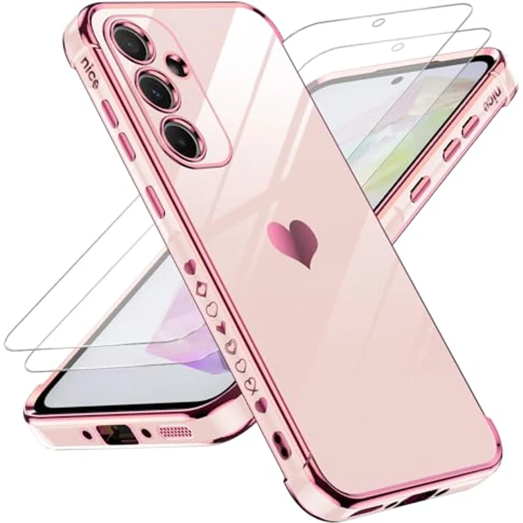 LeYi Hülle für Samsung Galaxy A55 5G, TPU Silikon Schutzhülle mit Herz-Muster und 2 Schutzfolien, stoßfest und kratzfest, rosa – Bild 1