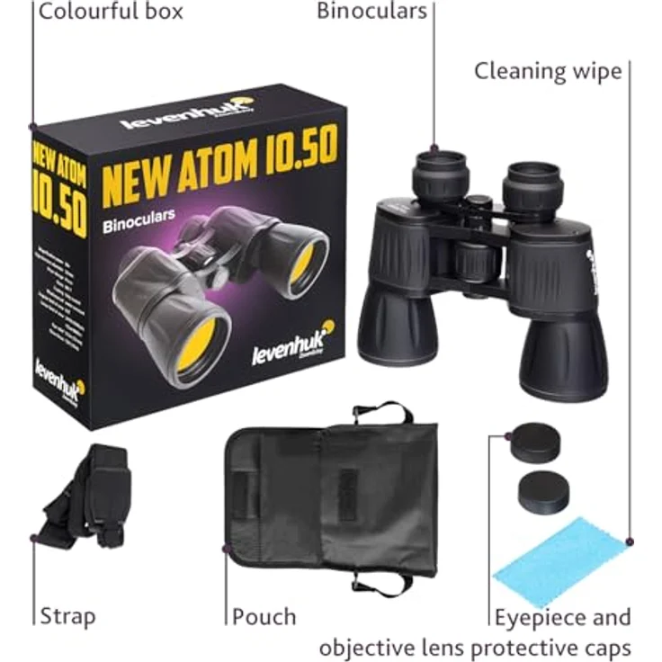 Levenhuk New Atom 10x50 Fernglas, Porro-Fernglas mit 10x Vergrößerung und 50mm Objektiv, spritzwassergeschützt, schwarz – Bild 2