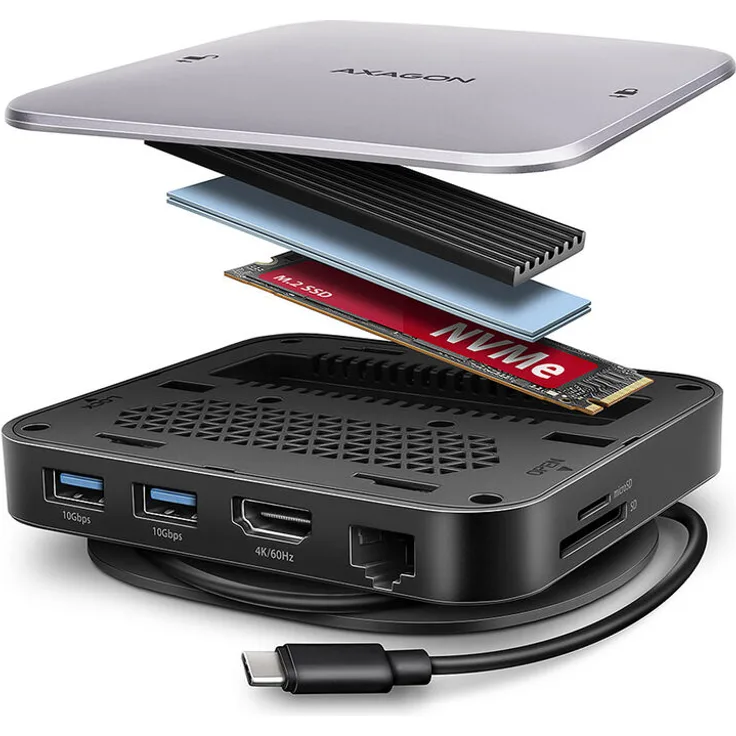 AXAGON HMC-UFO USB-C Hub, 9-in-1 Dockingstation mit M.2 SATA/NVMe Slot, 1 Gbit/s Ethernet und 384 kHz Audio - schwarz/silber