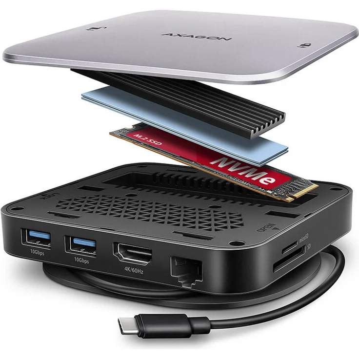 AXAGON HMC-UFO USB-C Hub, 9-in-1 Dockingstation mit M.2 SATA/NVMe Slot, 1 Gbit/s Ethernet und 384 kHz Audio - schwarz/silber