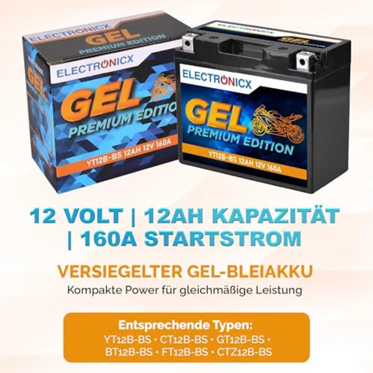 Electronicx GEL-YT12B-BS Motorradbatterie 12Ah 12V, wartungsfrei und vibrationsfest für Motorrad, Roller, Quad und ATV – Bild 5