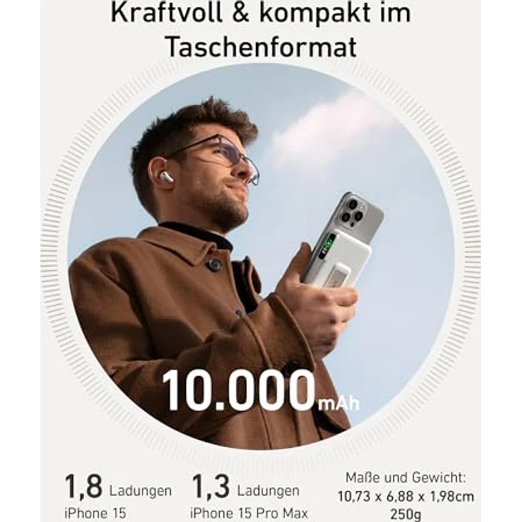 Anker MagGo Powerbank, Qi2-zertifiziert 15W MagSafe-kompatibles Ladegerät, 10.000mAh, Display & klappbarer Ständer, Für iPhone 15/14, Mit USB-C Kabel – Bild 4