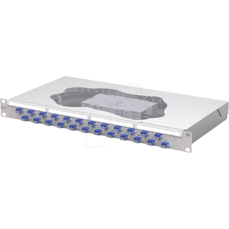 Metz Connect OpDAT fix2 Patchfeld splice 24xLC-D OS2, 19 Zoll 1 HE Patch-Panel, lichtgrau mit multiplen Kabeleingängen und Werkzeuglosem Deckelöffnen