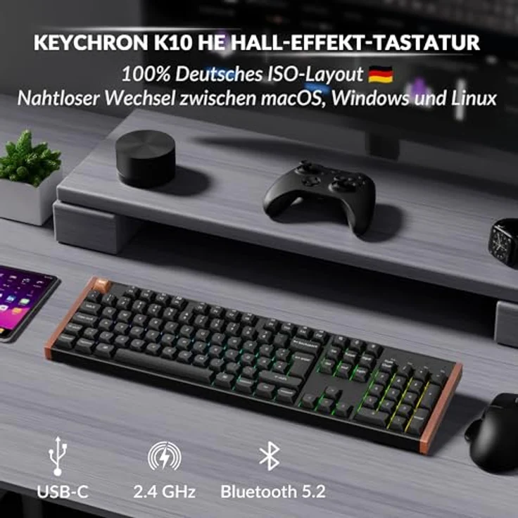 Keychron K10 HE, kabellose Gaming-Tastatur mit Gateron Nebula Dual-Rail-Magnetschaltern, 100% ISO-DE-Layout, Aluminium- und Holzrahmen, programmierbar, für Mac und Windows – Sonderedition (Schwarz) – Bild 2