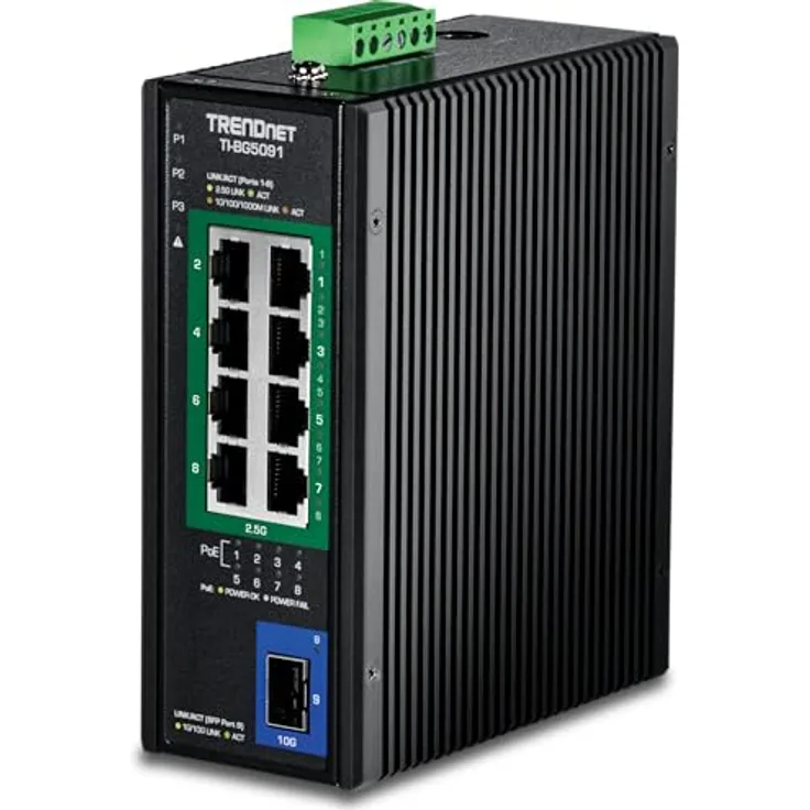 TRENDnet TI-BG5091, 9-Port 2,5G DIN-Rail PoE++ Switch mit 10G SFP+ Port, 8 x 2,5G PoE++ Ports, 480W PoE, IP50 Gehäuse