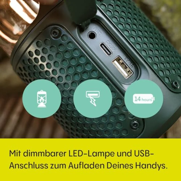 Pure Woodland Glow Outdoor-Lautsprecher mit LED-Lampe (Bluetooth 5.3, 360° Sound, IPX6, tragbar, 14h Akku - perfekt für Garten & Camping) Grün – Bild 4