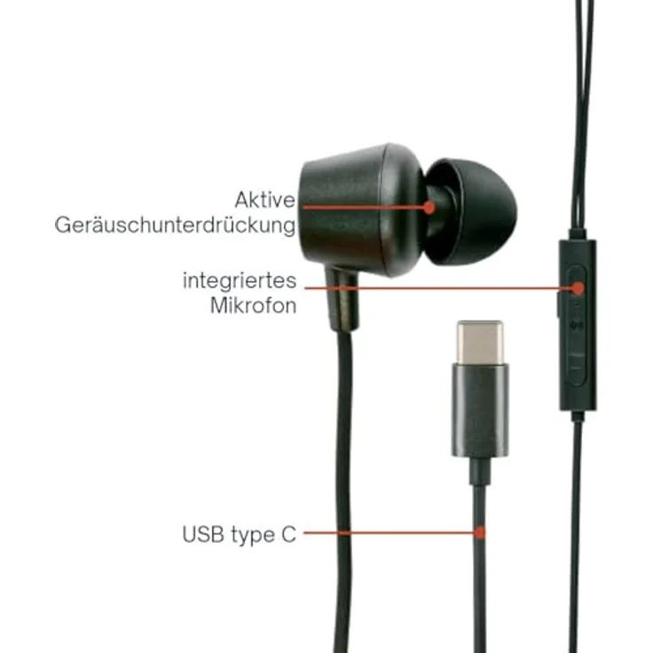 Grundig Kopfhörer USBC, kabelgebundenes Headset mit 120 cm Kabel, In-Ear Earbuds mit Mikrofon und Active Noise Cancelling, kompatibel mit iPhone und Samsung, Schwarz – Bild 3