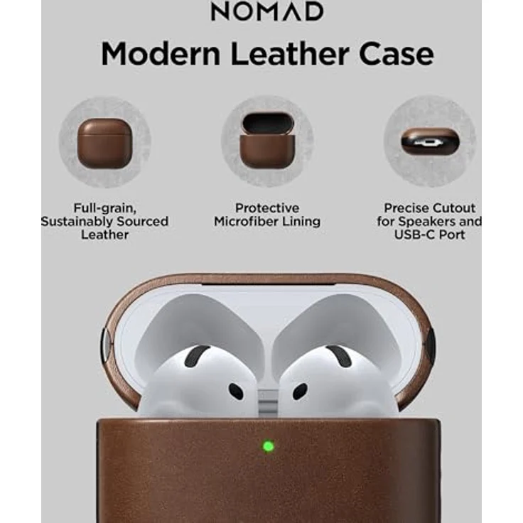 Nomad Modern Leather Case für AirPods 4, zweiteilige Schutzhülle aus hochwertigem Echtleder und Polycarbonat, braun, kabelloses Laden kompatibel – Bild 2