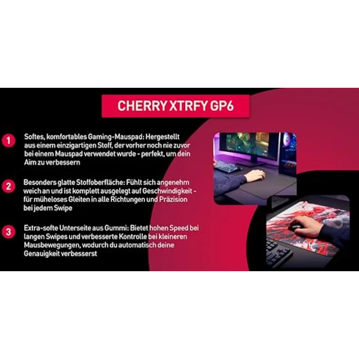 CHERRY XTRFY GP6, Gaming-Mauspad aus Stoff, ultra-glatte Oberfläche, extra-weiche rutschfeste Gummiunterseite, 460 x 400 mm, Hydrus Red – Bild 2