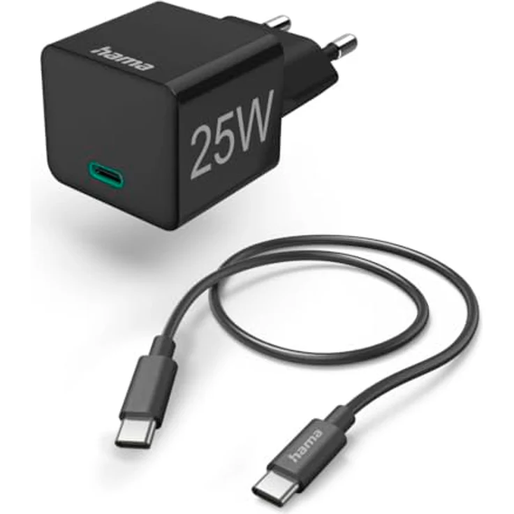 Hama Schnellladegerät mit Ladekabel USB-C, Mini-Ladegerät, PD, 25 W, 1 m, Schwarz