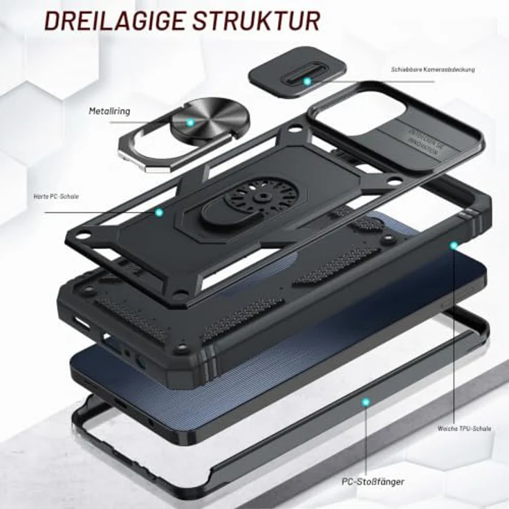 LeYi Handyhülle für Samsung Galaxy A06, Hybrid Metall Ring Ständer Case mit 2 Hartglas Schutzfolien, Kameraschutz und Schiebeabdeckung, schwarz – Bild 3