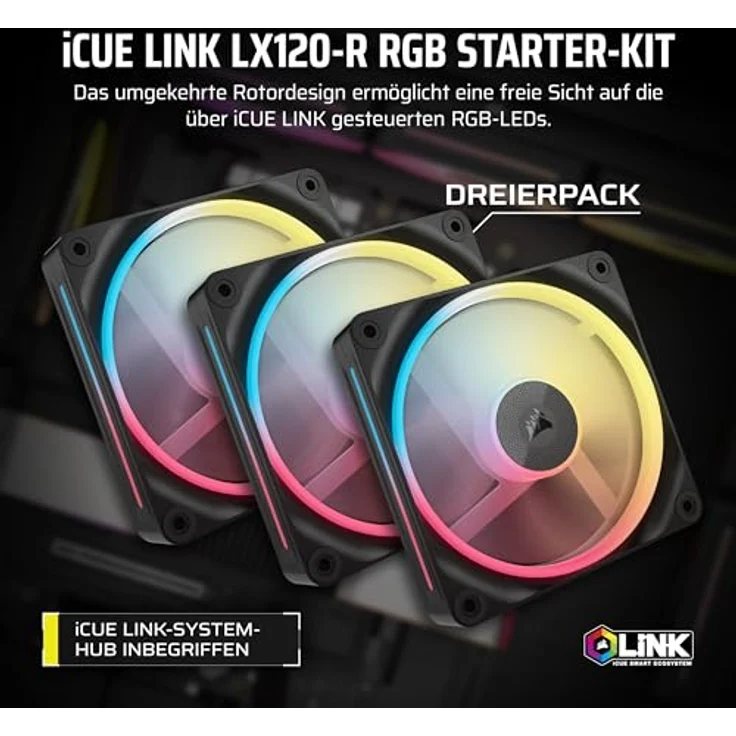 Corsair iCUE LINK LX120-R RGB 120mm PWM-Umkehrlüfter Dreifach-Lüfter-Kit Schwarz, Geräuscharmer Betrieb, Magnetische Kuppellagerung, Zwei Lichtschleifen, QuikTurn™-Schrauben, Null-Drehzahl-Modus – Bild 2