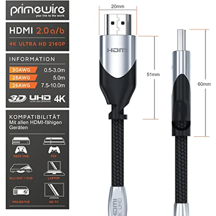 CSL - 7,5m HDMI Kabel 2.0b - Ultra HD 4k 60Hz Gbit s Standard - Ethernet High Speed HDMI 2.0 - Ultra HD 3D ARC C HDCP HDR - 3-Fach geschirmt - Platin Edition – Bild 3