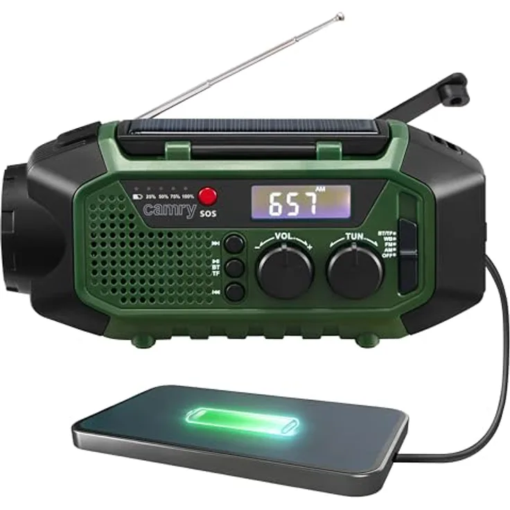 Camry CR1919 Notfallradio, multifunktional mit Solar, Dynamo und USB-C, Bluetooth 5.0, 4000 mAh, grün