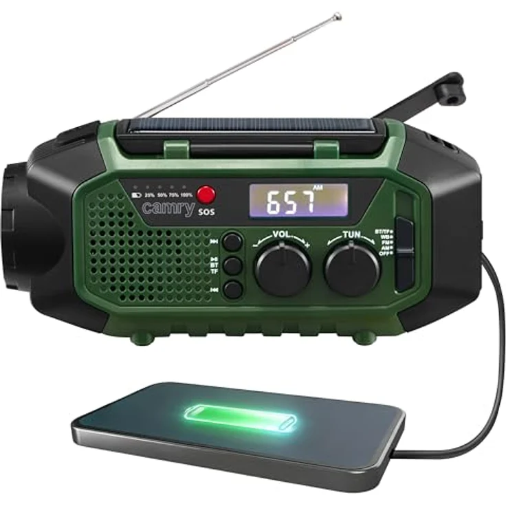 Camry CR1919 Notfallradio, multifunktional mit Solar, Dynamo und USB-C, Bluetooth 5.0, 4000 mAh, grün – Bild 1