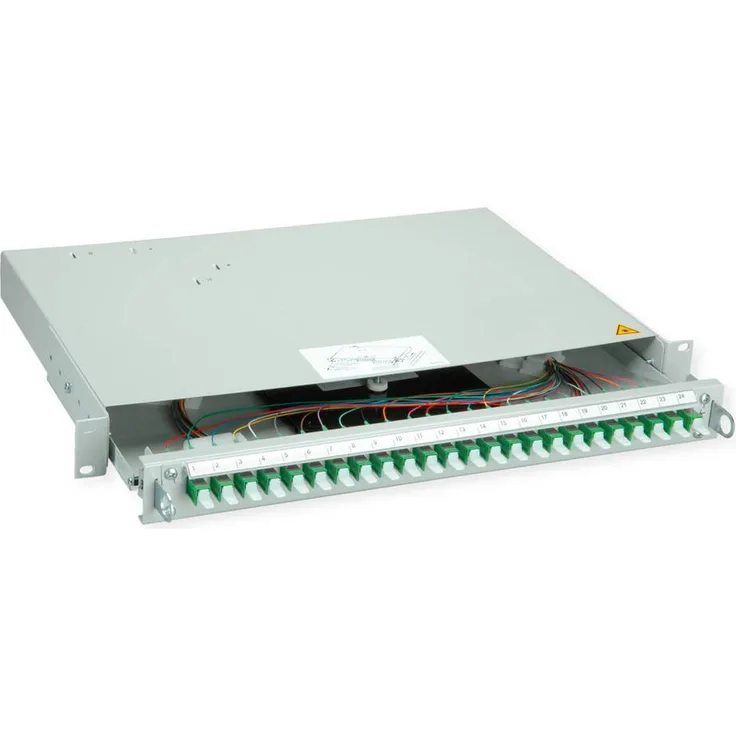 Telegärtner Profi V LWL-Panel, 24x E2000 Kupplungen mit Pigtails, grün, OS2 APC, 1HE