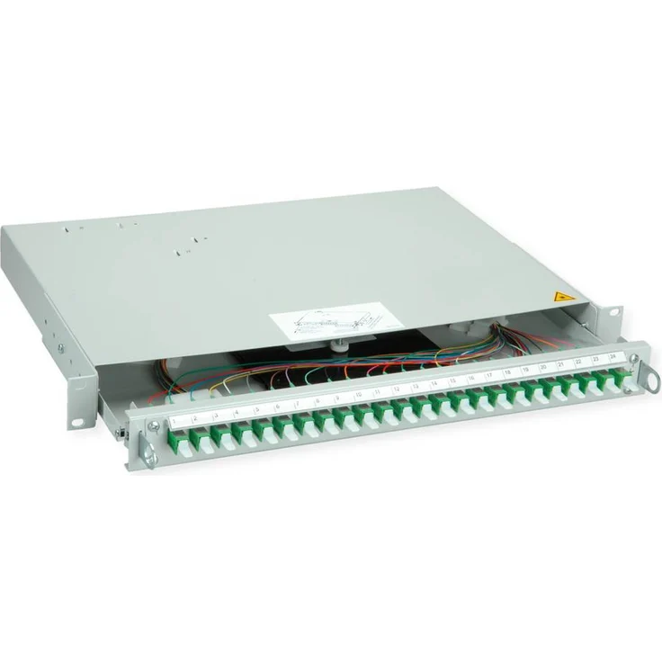 Telegärtner Profi V LWL-Panel, 24x E2000 Kupplungen mit Pigtails, grün, OS2 APC, 1HE