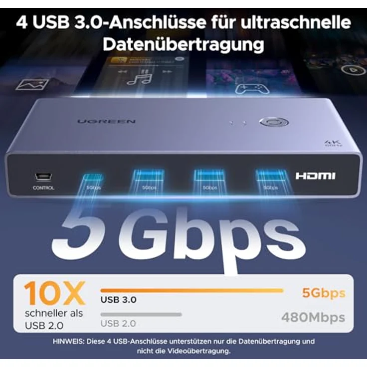 UGREEN USB C KVM Switch 4K60Hz, 2 PC 1 Monitor, 4 USB 3.0 Ports, EDID Verwaltung, Aluminium Gehäuse – Bild 3