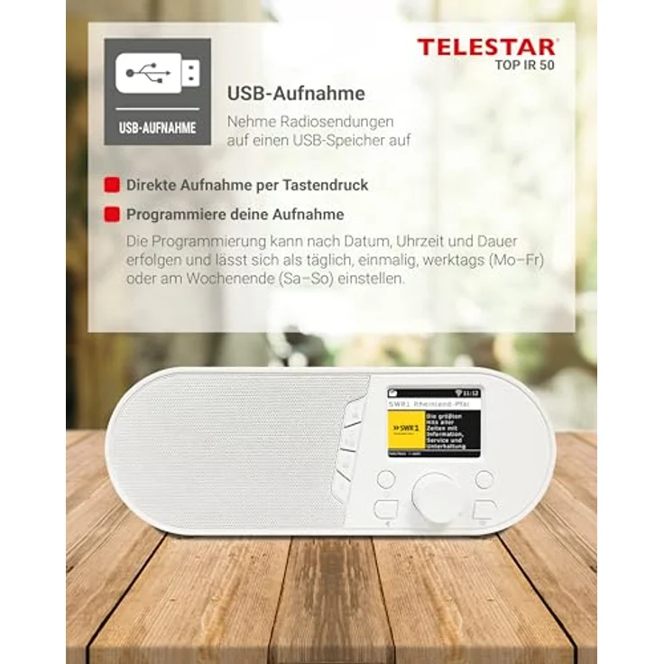 Telestar TELESTAR TOP IR 50, Internetradio mit Bluetooth 5.3, USB-Aufnahmefunktion, 7 W Lautsprecher, Farbdisplay, Hotelmodus – Weiß – Bild 5