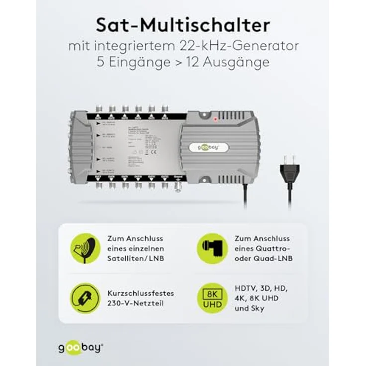 goobay 64875 Sat-Multischalter/Kompakt-Multischalter / 5 Eingänge / 12 Ausgänge / 4K, 8K UHD/DAB+ / für 12 Teilnehmer – Bild 2