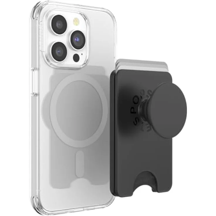 PopSockets PopWallet, Telefon-Geldbörse mit erweiterter Griff & MagSafe-Adapterring, kabellos aufladbar, Kartenhalter für bis zu 3 Karten, Schwarz – Bild 1