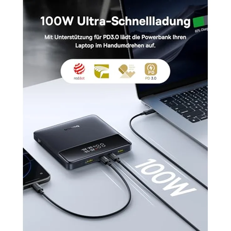Baseus Powerbank 20000mAh 100W PD Blade H1 - Schlanker externer Akku QC 4.0 Schnellladegerät, für Laptops, MacBook, iPad, iPhone, Switch, Steam Deck, Samsung Galaxy, AirPods - Orange LED Statuslicht - 2024 Upgraded – Bild 3