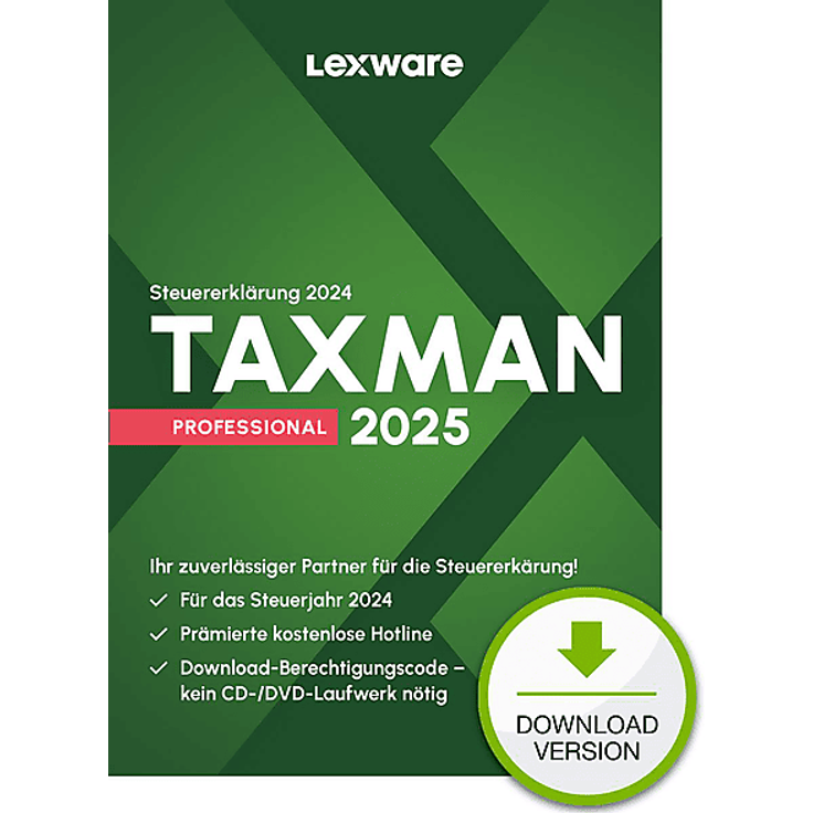 LEXWARE TAXMAN professional 2025, Steuersoftware für 1 Platz-Lizenz, bis zu 50 Steuererklärungen, integrierter Steuerprüfer, Elster-Assistent