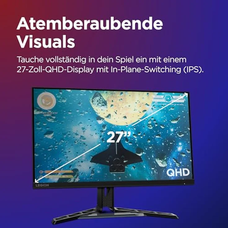 Lenovo Legion R27qe 27" QHD Gaming Monitor 2560x1440 180Hz 450 nits 0,5ms Reaktionszeit HDMI DisplayPort AMD FreeSync schwarz – Bild 2