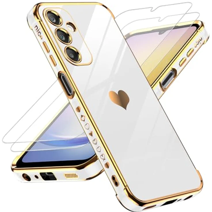 LeYi Hülle für Samsung Galaxy A25 5G, Cute Herz Muster, TPU Silikon, stoßfest, kratzfest, mit 2 Schutzfolien, weiß – Bild 1