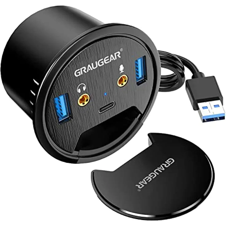 GRAUGEAR | USB 3.0 Tisch-HUB | 3 Ports | 1x USB-C | 2X USB-A | Audio I/O | Einbau in 60mm Schreibtischloch | Kabellänge 150cm | Staubschutzabdeckung | 5Gbit/s | G-THUB-AU-60