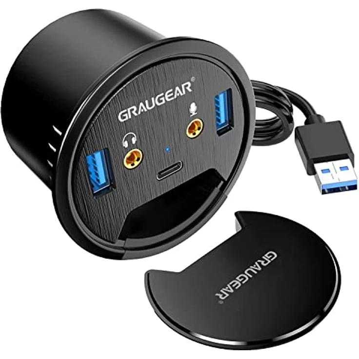 GRAUGEAR | USB 3.0 Tisch-HUB | 3 Ports | 1x USB-C | 2X USB-A | Audio I/O | Einbau in 60mm Schreibtischloch | Kabellänge 150cm | Staubschutzabdeckung | 5Gbit/s | G-THUB-AU-60 – Bild 1