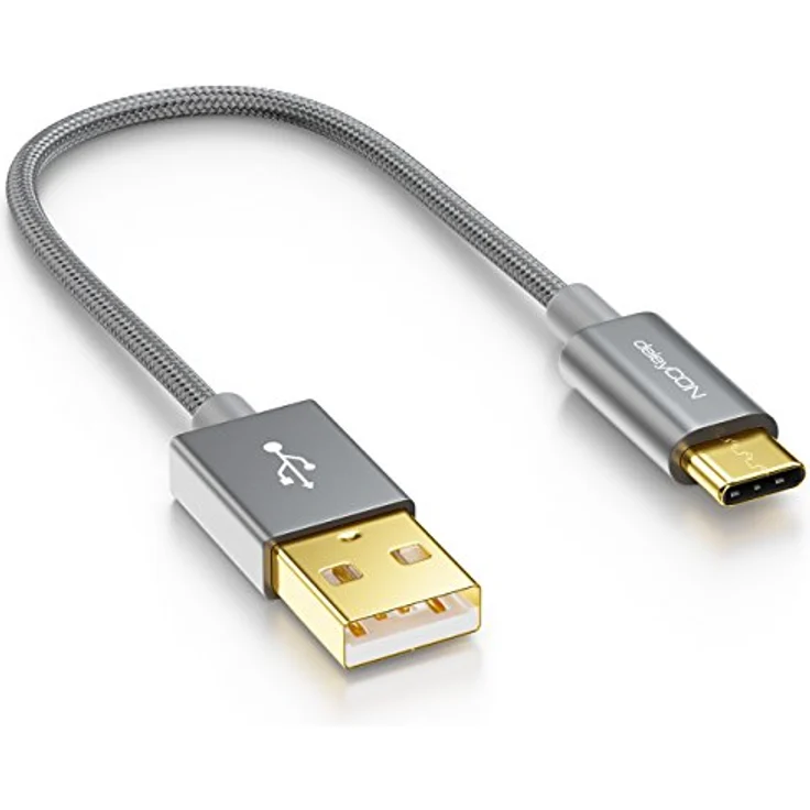 deleyCON 15cm USB-C Kabel, Ladekabel mit Schnellladefunktion, Nylon ummantelt und Metallstecker, Grau, kompatibel mit Apple, Samsung, Google, Huawei, Xiaomi, Laptop, PC – Bild 1