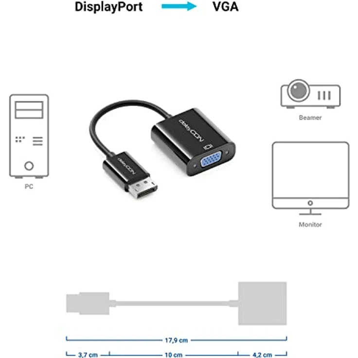 deleyCON DisplayPort auf VGA Adapter Konverter, Stecker auf Buchse für PC/Monitor, 18,2 cm, Schwarz – Bild 5