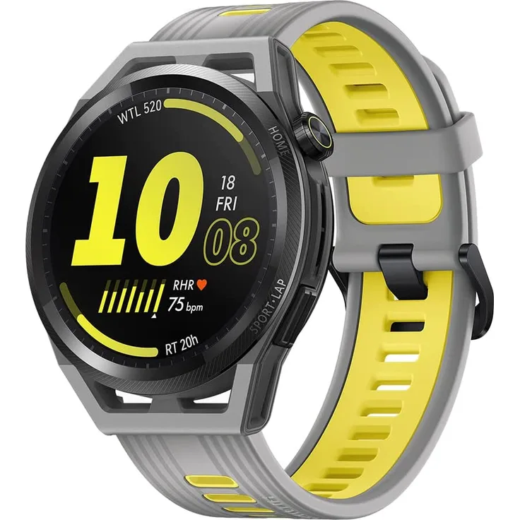 Huawei Watch GT Runner Smartwatch GPS, Unisex, 46mm, Keramikgehäuse, Kunststoffarmband, Grau/Gelb