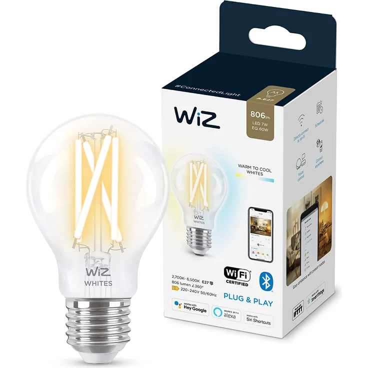 WiZ WiFi-LED-Glühlampe, dimmbar, Weiß, A60, 60 W, E27, 2700-6500 K, 6,7 W (entspricht 60 W)