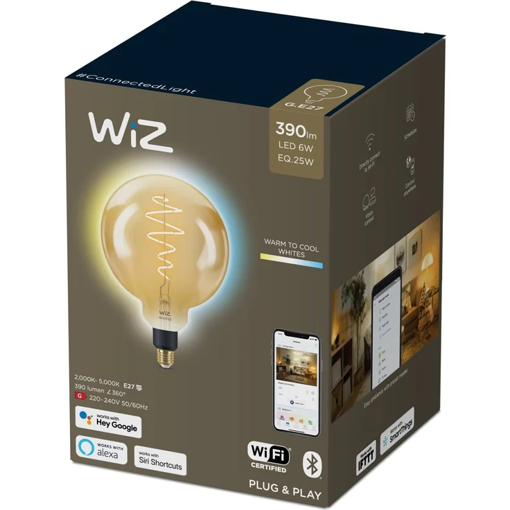 WiZ Smarte Tunable White Amber Glass LED Lampe, E27 Globeform, 25 W, Vintage-Design, warmweißes bis kaltweißes Licht, steuerbar über WiZ App oder WiZ Click (929003018101) – Bild 6