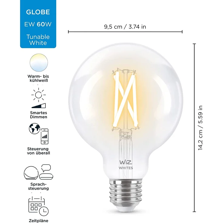 WiZ LED-Leuchtmittel, dimmbar, G95, 60 W, E27, warmweiß, 2700 - 6500 K, 6,7 W (entspricht 60 W) – Bild 3