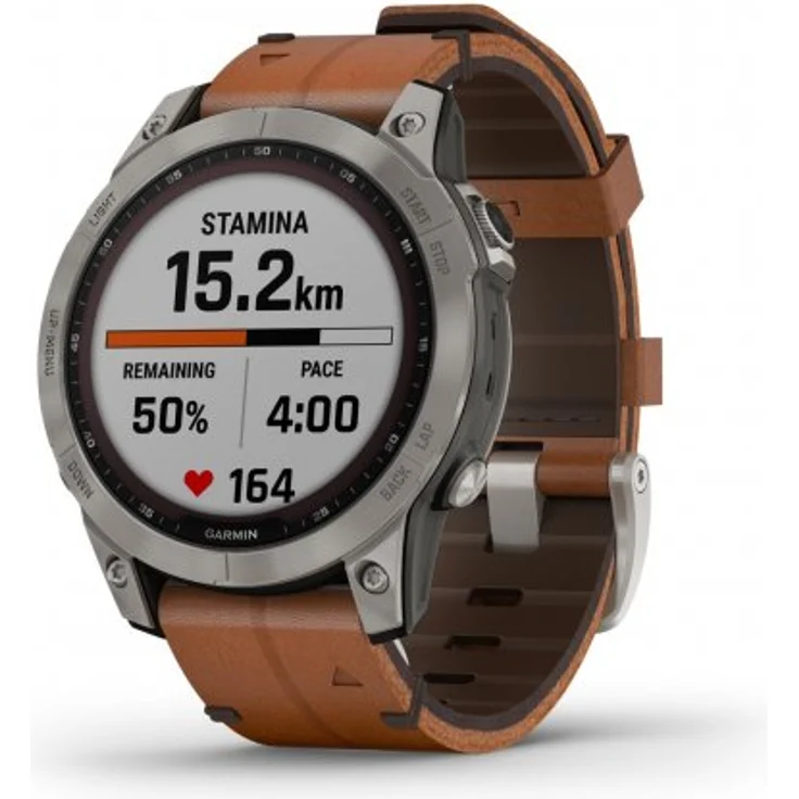 Garmin fenix 7 Sapphire Solar Smartwatch GPS, Unisex, 47mm, Titangehäuse, Lederarmband, Titansilber/Braun (010-02540-31) – Bild 4