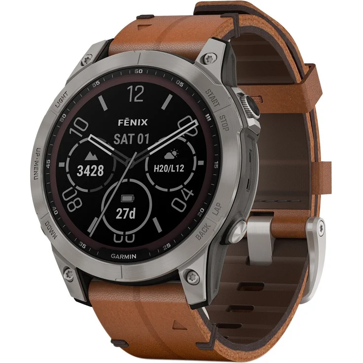 Garmin fenix 7 Sapphire Solar Smartwatch GPS, Unisex, 47mm, Titangehäuse, Lederarmband, Titansilber/Braun (010-02540-31) – Bild 2