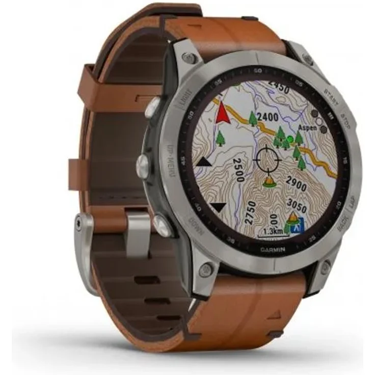 Garmin fenix 7 Sapphire Solar Smartwatch GPS, Unisex, 47mm, Titangehäuse, Lederarmband, Titansilber/Braun (010-02540-31) – Bild 1