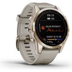 Garmin Fenix 7S Sapphire Solar Smartwatch GPS, Unisex, 42mm, Polymergehäuse, Silikonarmband, Gold/Beige (010-02539-21)