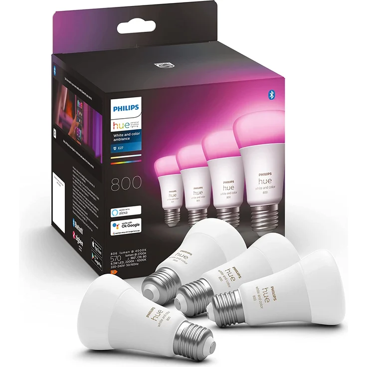 Philips Hue White & Color Ambiance E27 LED Lampen 4-er Pack, dimmbar, 16 Mio. Farben, steuerbar via App, kompatibel mit Amazon Alexa (Echo, Echo Dot), Apple HomeKit, Google Assistant – Bild 1