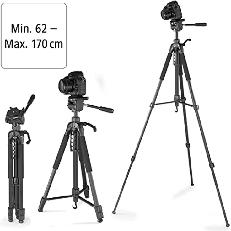 Hama Stativ Kamera Action 170 3D (Tripod mit 62-170cm Höhe, Fotostativ inkl. Handy-Halterung und Tablet-Halterung, Dreibeinstativ mit 3-Wege-Kopf, Spiegelreflexkamera Stativ mit Tasche) Schwarz – Bild 5