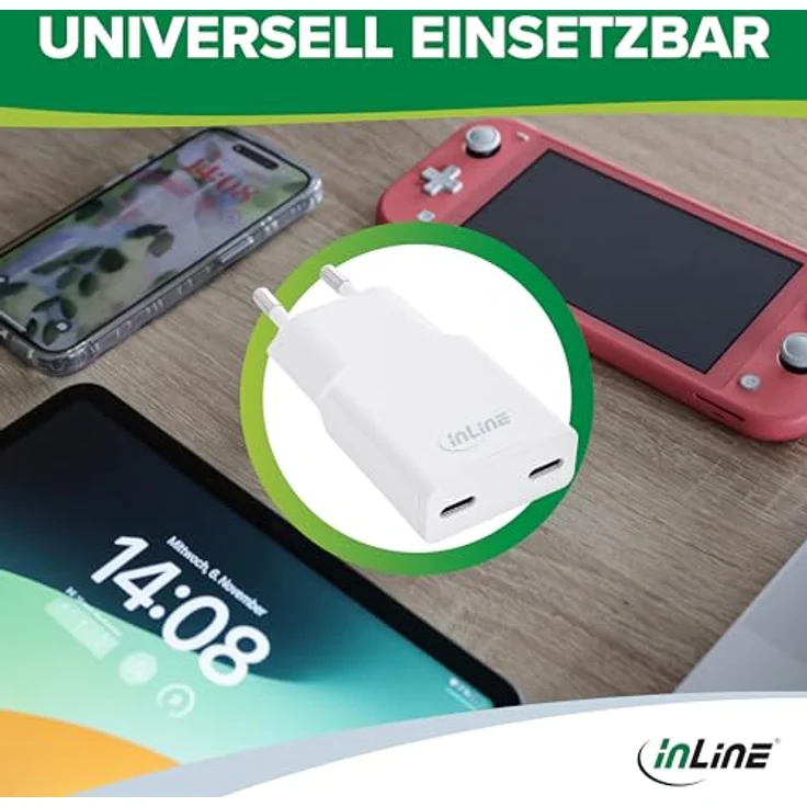 InLine USB-C Ladegerät, ultrakompakt, 2-Port, 30W, Schnellladegerät, Power Delivery, PPS, weiß – Bild 4