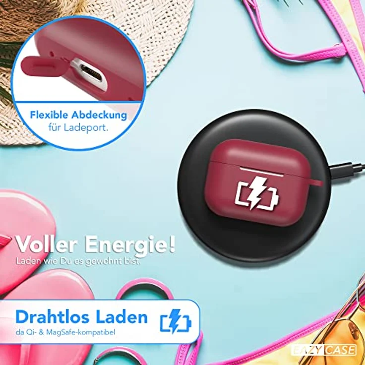 EAZY CASE Schutzhülle für AirPods Pro 2 Bordeaux Silikon Case - Stoßfest mit Karabiner - Antikratz Etui - rutschfest - Rot – Bild 3
