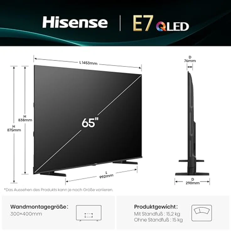 Hisense 65E7Q, 65 Zoll 4K UHD QLED Smart TV mit Dolby Vision Atmos, Game Mode Plus, AI 4K Upscaler und Sprachsteuerung [2025] – Bild 2