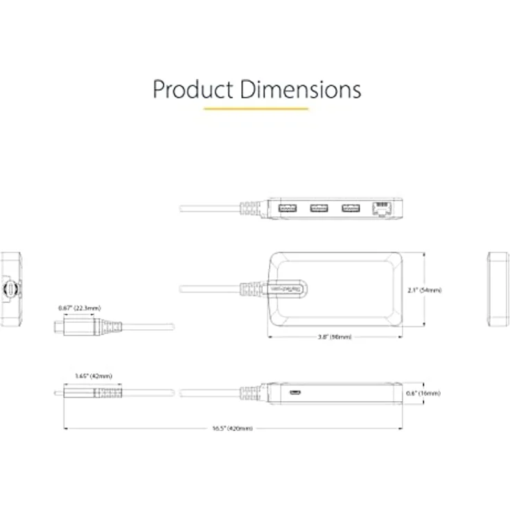 StarTech 3-Port USB-C Hub with Ethernet, 3x USB-A Ports, Gigabit Ethernet, USB 3.0 5Gbps, Bus-Powered, USB Type-C Hub w-GbE and 1ft-30cm Long Cable, Portable Laptop USB C Hub Adapter - USB Expansion Hub, RJ45 (5G3AGBB-USB-C-HUB) - Hub - 3 x USB 3.2 Gen 1 + 1 x micro-USB + 1 x 10-100-1000 - Desktop (5G3AGBB-USB-C-HUB) – Bild 4
