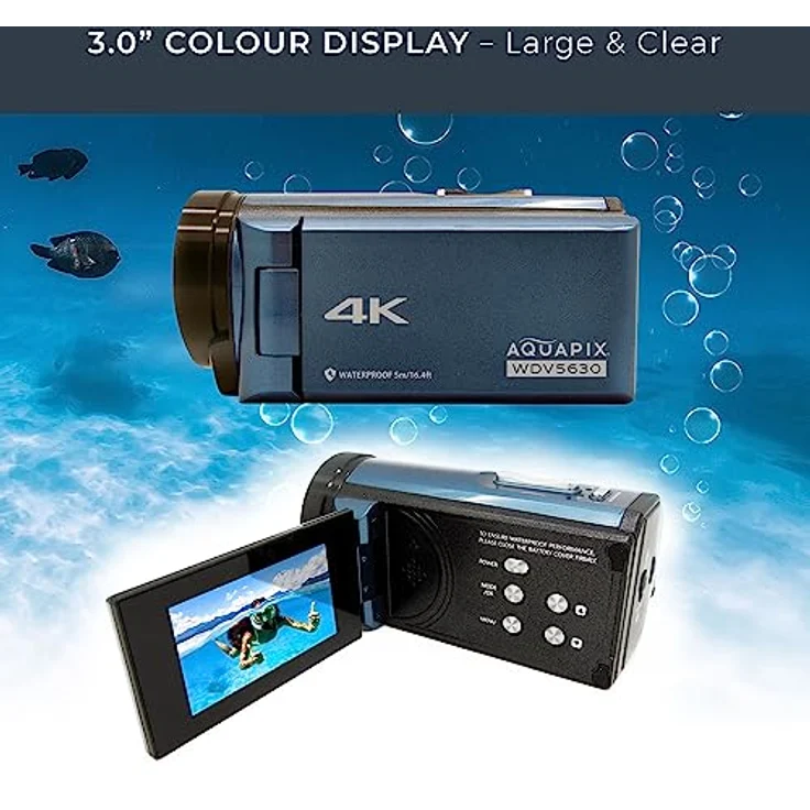 Easypix Aquapix WDV5630, Wasserfester Camcorder mit 13 MP Sensor, 4K Video und 18-fachem Zoom, GreyBlue – Bild 3