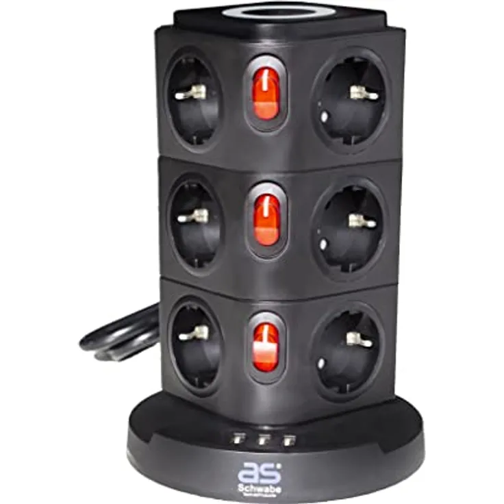 as - Schwabe Steckdosentower 12-Fach, 230V/16A, Wireless Ladestation 5W für alle induktionsfähigen Mobiltelefone, 3 USB-A-Ports 5V/2,4A, perfekt für den Schreibtisch, 2 m Kabel, schwarz, 18222