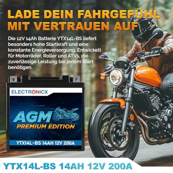 Electronicx YTX14L-BS AGM Motorradbatterie 14Ah 12V - wartungsfrei, auslaufsicher, zyklenfest für Motorrad, Roller und Quad – Bild 2